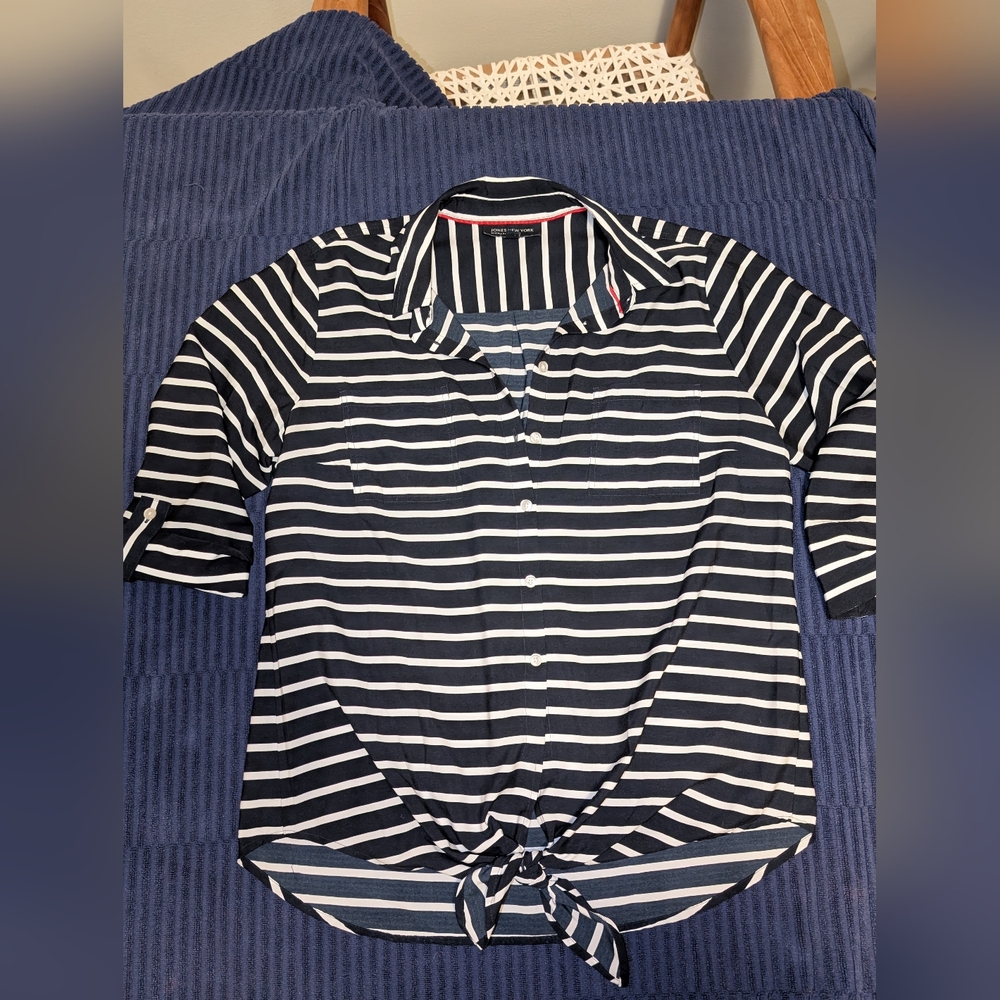 Jones New York Navy and White Striped Shirt